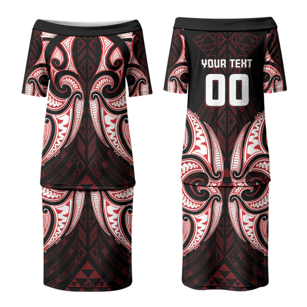 Maori Rugby Custom Ngaru Mangopare Couples Matching Puletasi and Long Sleeve Button Shirt Black Red Whetu Niho Taniwha Motif