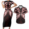 Maori Rugby Custom Ngaru Mangopare Couples Matching Short Sleeve Bodycon Dress and Hawaiian Shirt Black Red Whetu Niho Taniwha Motif