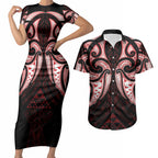 Maori Rugby Custom Ngaru Mangopare Couples Matching Short Sleeve Bodycon Dress and Hawaiian Shirt Black Red Whetu Niho Taniwha Motif