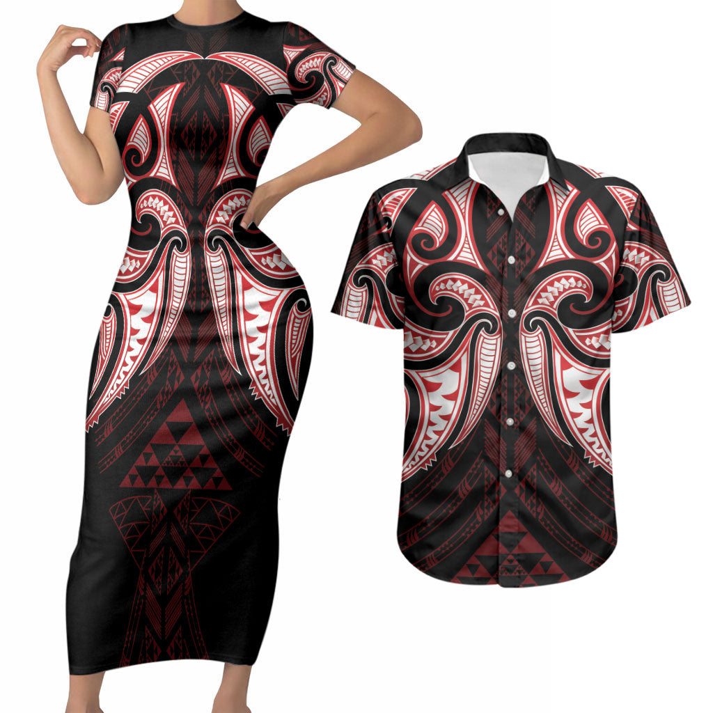 Maori Rugby Custom Ngaru Mangopare Couples Matching Short Sleeve Bodycon Dress and Hawaiian Shirt Black Red Whetu Niho Taniwha Motif