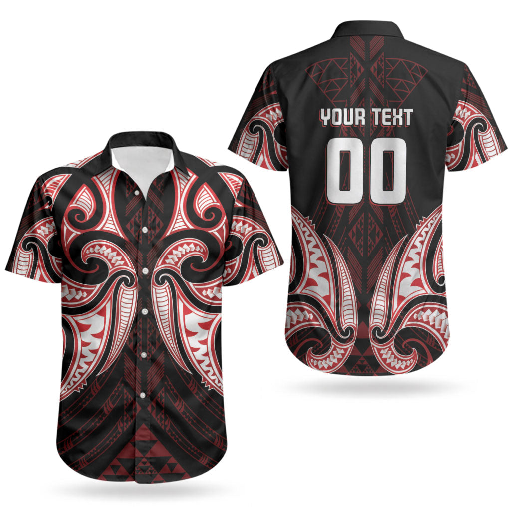 Maori Rugby Custom Ngaru Mangopare Couples Matching Short Sleeve Bodycon Dress and Hawaiian Shirt Black Red Whetu Niho Taniwha Motif