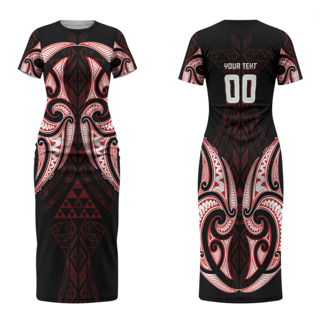 Maori Rugby Custom Ngaru Mangopare Couples Matching Short Sleeve Bodycon Dress and Hawaiian Shirt Black Red Whetu Niho Taniwha Motif
