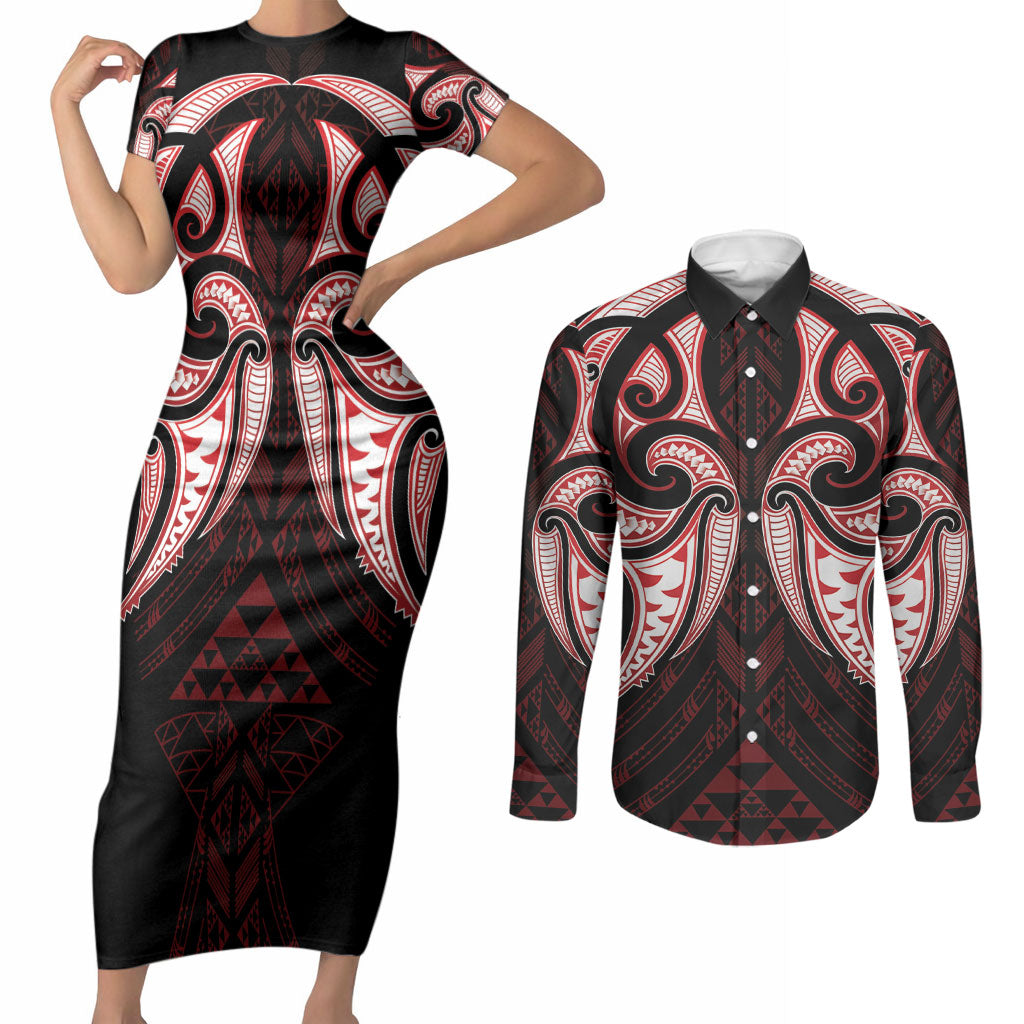 Maori Rugby Custom Ngaru Mangopare Couples Matching Short Sleeve Bodycon Dress and Long Sleeve Button Shirt Black Red Whetu Niho Taniwha Motif
