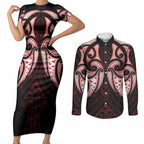 Maori Rugby Custom Ngaru Mangopare Couples Matching Short Sleeve Bodycon Dress and Long Sleeve Button Shirt Black Red Whetu Niho Taniwha Motif