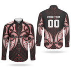 Maori Rugby Custom Ngaru Mangopare Couples Matching Short Sleeve Bodycon Dress and Long Sleeve Button Shirt Black Red Whetu Niho Taniwha Motif