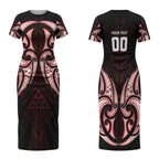 Maori Rugby Custom Ngaru Mangopare Couples Matching Short Sleeve Bodycon Dress and Long Sleeve Button Shirt Black Red Whetu Niho Taniwha Motif