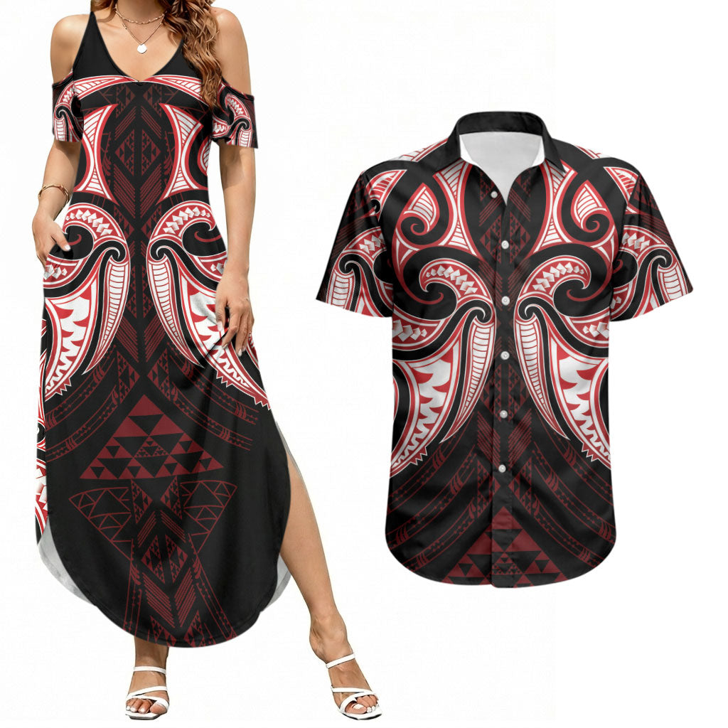 Maori Rugby Custom Ngaru Mangopare Couples Matching Summer Maxi Dress and Hawaiian Shirt Black Red Whetu Niho Taniwha Motif