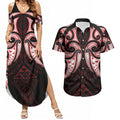 Maori Rugby Custom Ngaru Mangopare Couples Matching Summer Maxi Dress and Hawaiian Shirt Black Red Whetu Niho Taniwha Motif