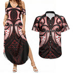 Maori Rugby Custom Ngaru Mangopare Couples Matching Summer Maxi Dress and Hawaiian Shirt Black Red Whetu Niho Taniwha Motif