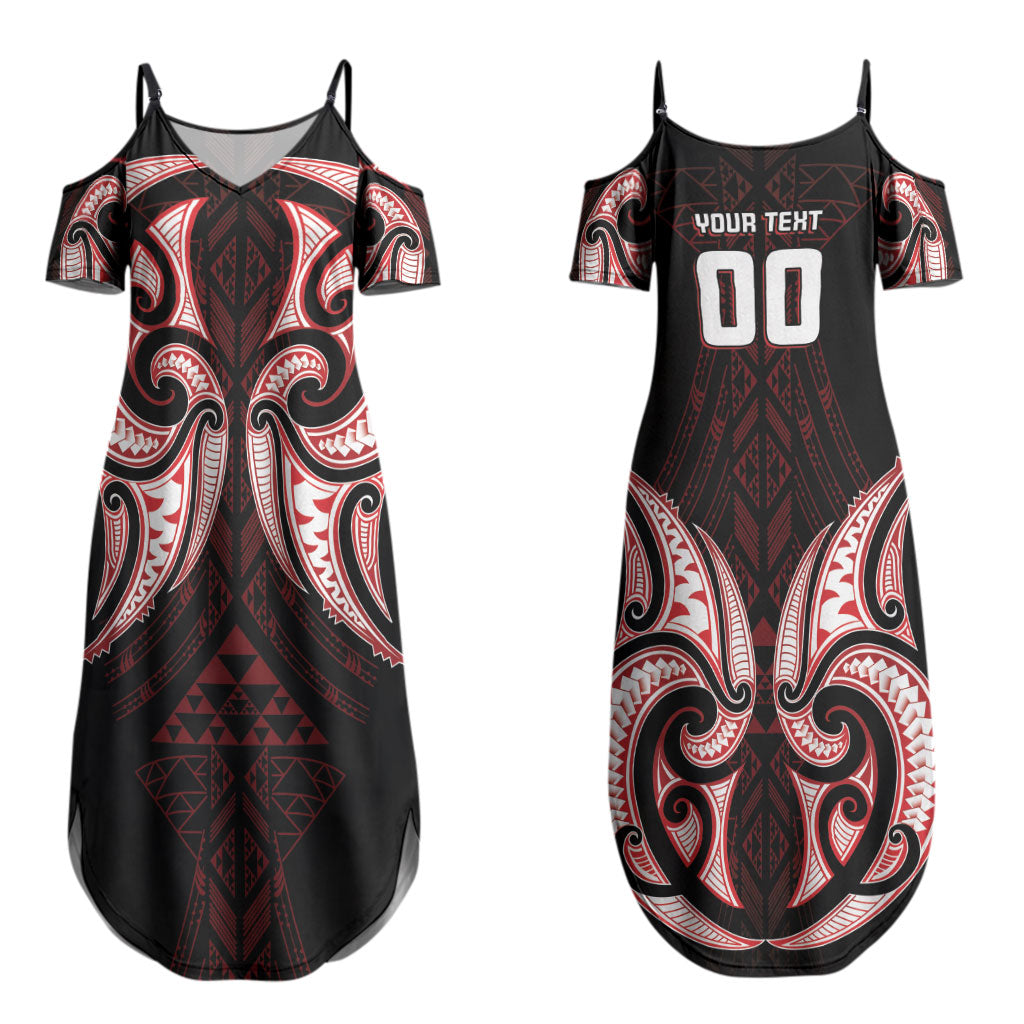 Maori Rugby Custom Ngaru Mangopare Couples Matching Summer Maxi Dress and Hawaiian Shirt Black Red Whetu Niho Taniwha Motif