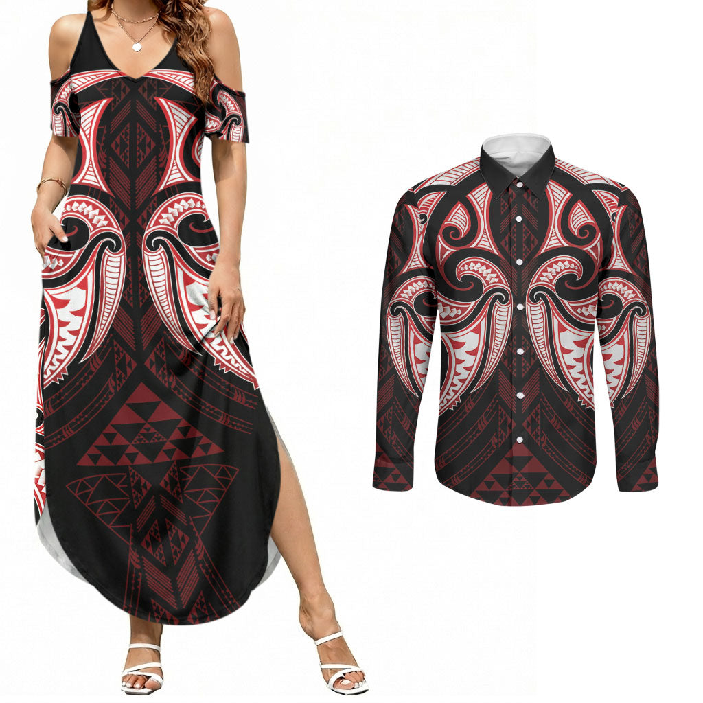Maori Rugby Custom Ngaru Mangopare Couples Matching Summer Maxi Dress and Long Sleeve Button Shirt Black Red Whetu Niho Taniwha Motif