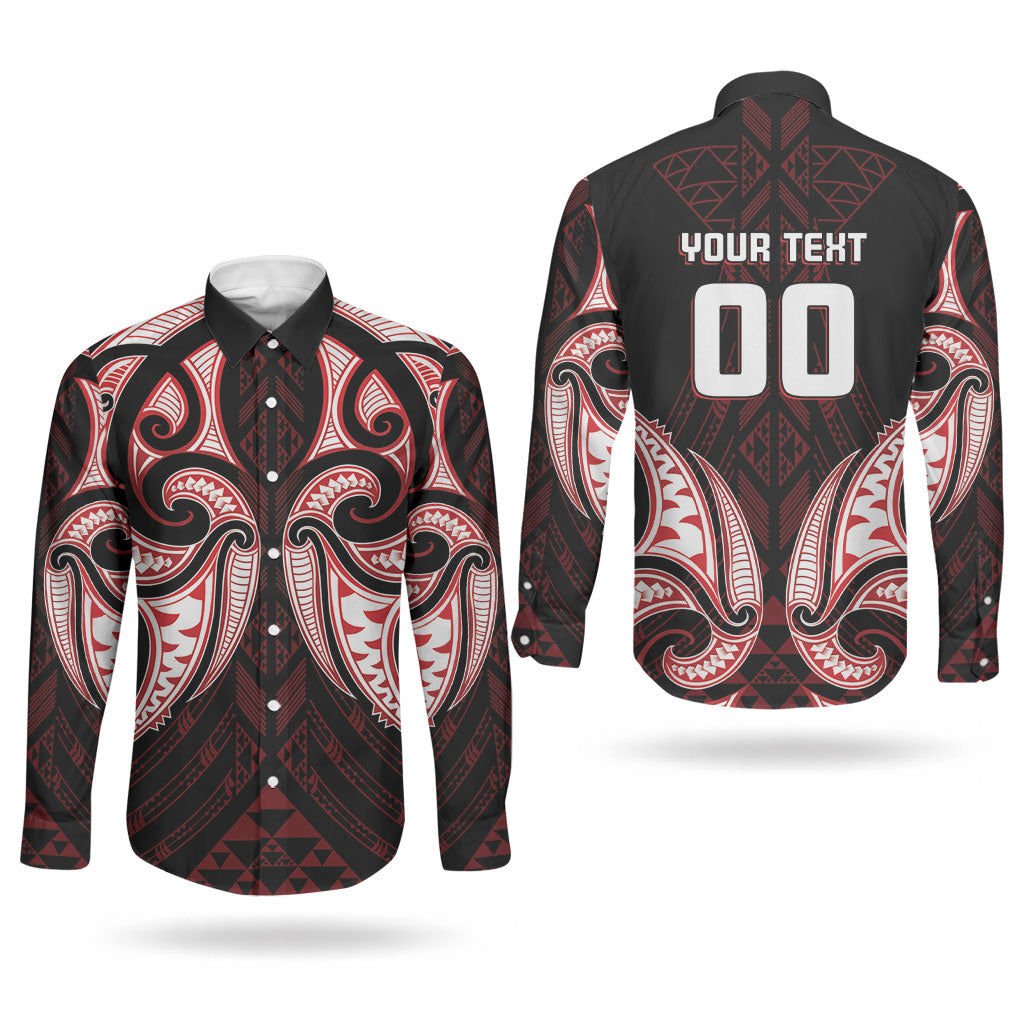 Maori Rugby Custom Ngaru Mangopare Couples Matching Summer Maxi Dress and Long Sleeve Button Shirt Black Red Whetu Niho Taniwha Motif