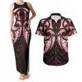 Maori Rugby Custom Ngaru Mangopare Couples Matching Tank Maxi Dress and Hawaiian Shirt Black Red Whetu Niho Taniwha Motif