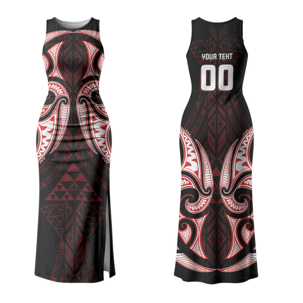 Maori Rugby Custom Ngaru Mangopare Couples Matching Tank Maxi Dress and Hawaiian Shirt Black Red Whetu Niho Taniwha Motif