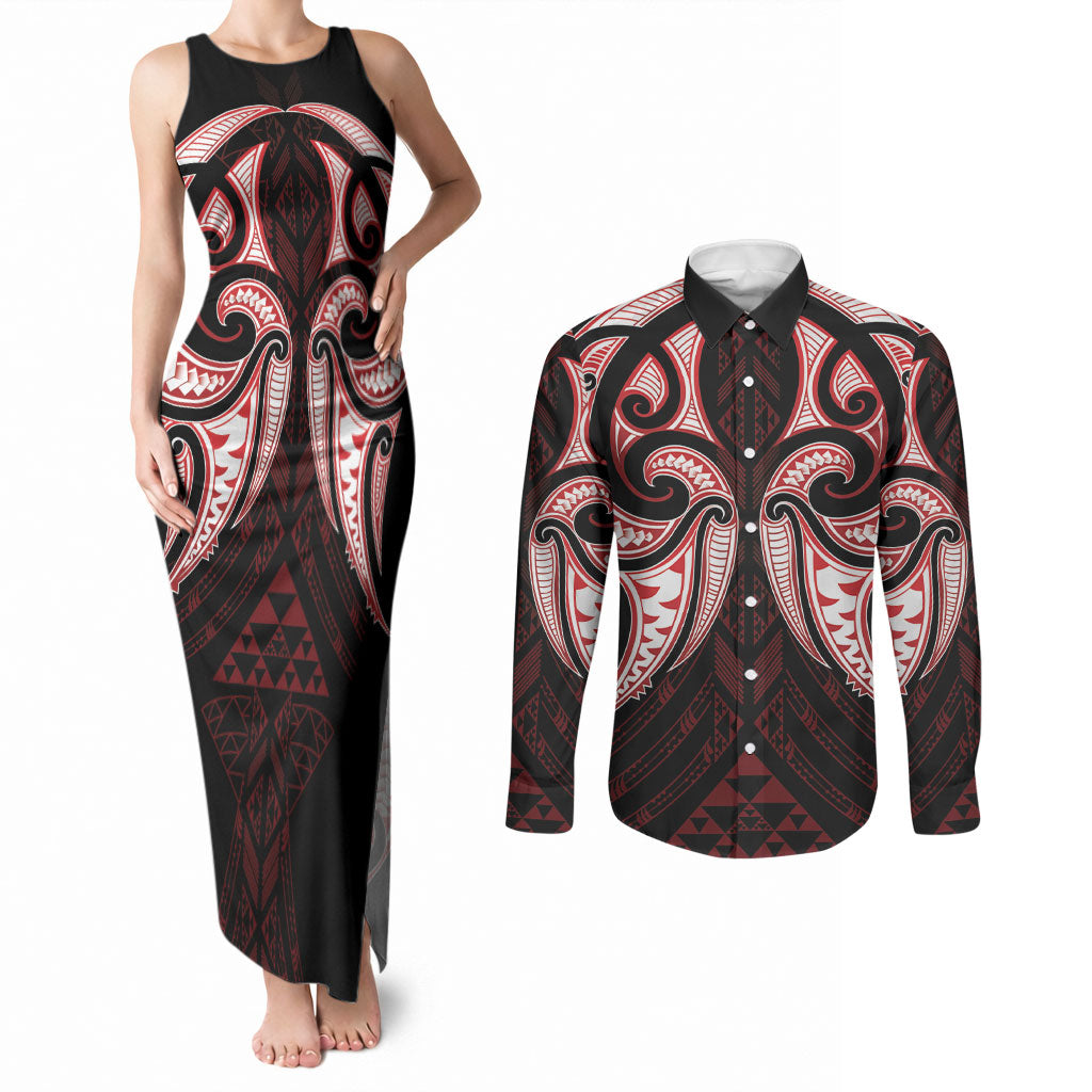 Maori Rugby Custom Ngaru Mangopare Couples Matching Tank Maxi Dress and Long Sleeve Button Shirt Black Red Whetu Niho Taniwha Motif