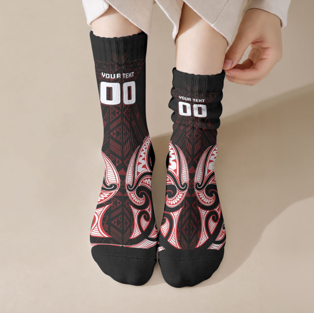 Maori Rugby Custom Ngaru Mangopare Crew Socks Black Red Whetu Niho Taniwha Motif