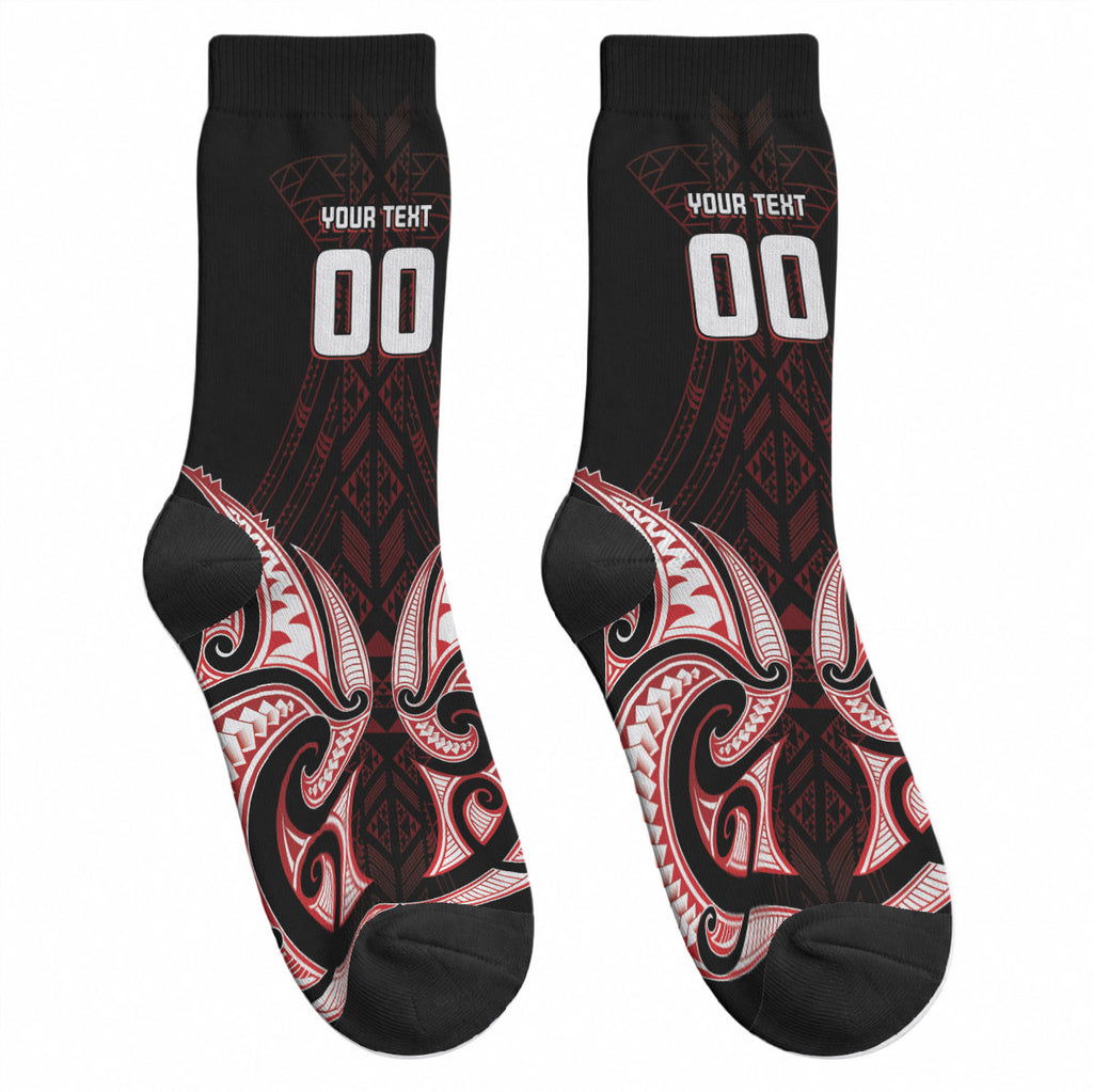 Maori Rugby Custom Ngaru Mangopare Crew Socks Black Red Whetu Niho Taniwha Motif