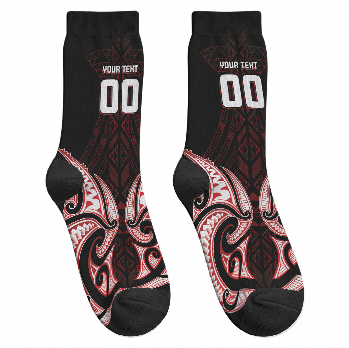 Maori Rugby Custom Ngaru Mangopare Crew Socks Black Red Whetu Niho Taniwha Motif