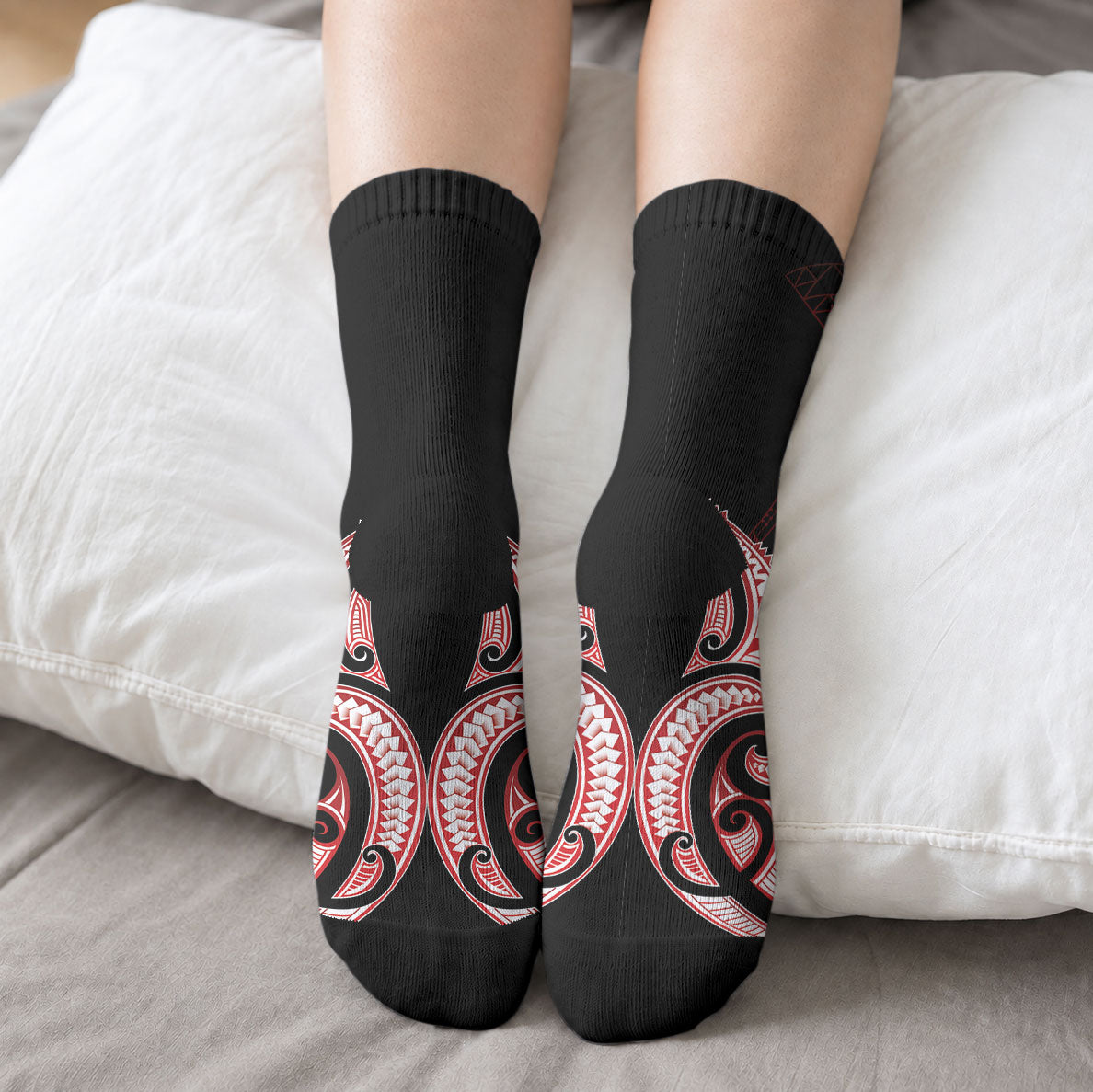 Maori Rugby Custom Ngaru Mangopare Crew Socks Black Red Whetu Niho Taniwha Motif