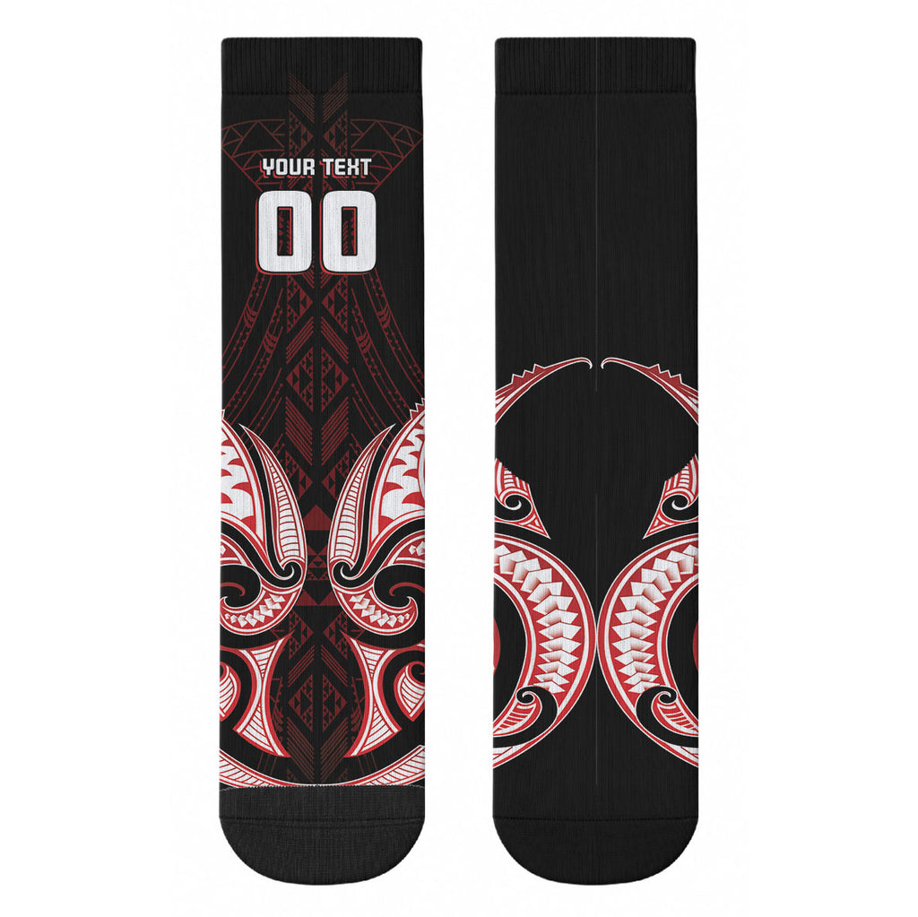 Maori Rugby Custom Ngaru Mangopare Crew Socks Black Red Whetu Niho Taniwha Motif