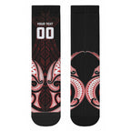 Maori Rugby Custom Ngaru Mangopare Crew Socks Black Red Whetu Niho Taniwha Motif
