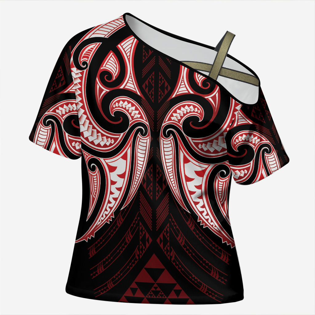 Maori Rugby Custom Ngaru Mangopare Cross Shoulder Shirt Black Red Whetu Niho Taniwha Motif