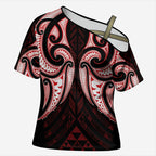 Maori Rugby Custom Ngaru Mangopare Cross Shoulder Shirt Black Red Whetu Niho Taniwha Motif