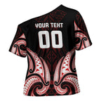 Maori Rugby Custom Ngaru Mangopare Cross Shoulder Shirt Black Red Whetu Niho Taniwha Motif