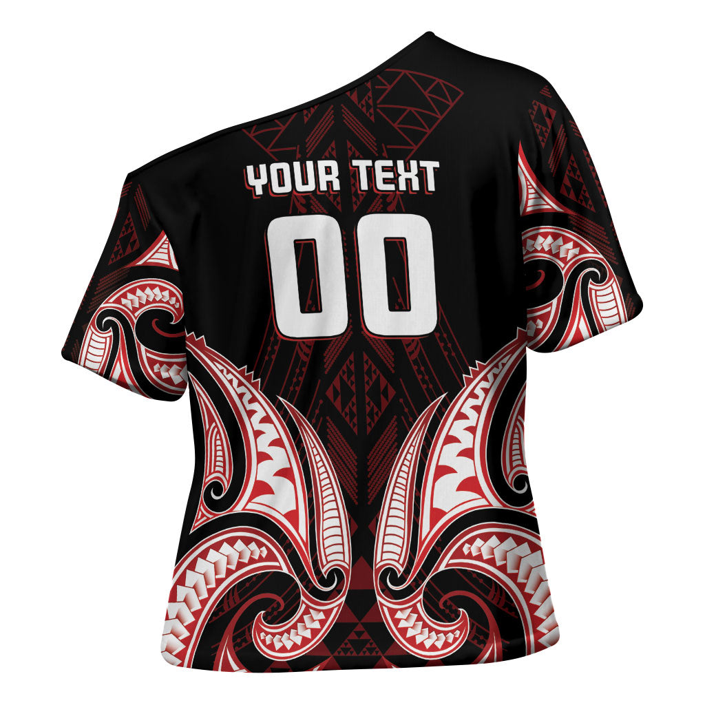 Maori Rugby Custom Ngaru Mangopare Cross Shoulder Shirt Black Red Whetu Niho Taniwha Motif