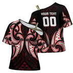 Maori Rugby Custom Ngaru Mangopare Cross Shoulder Shirt Black Red Whetu Niho Taniwha Motif