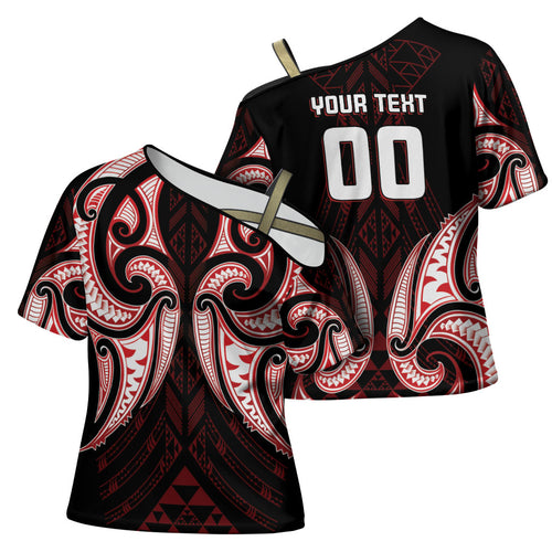 Maori Rugby Custom Ngaru Mangopare Cross Shoulder Shirt Black Red Whetu Niho Taniwha Motif