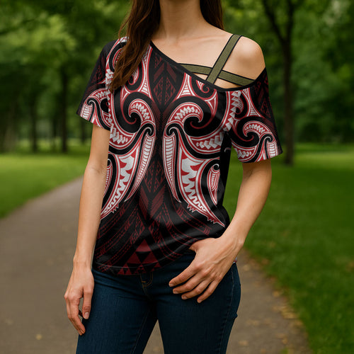 Maori Rugby Custom Ngaru Mangopare Cross Shoulder Shirt Black Red Whetu Niho Taniwha Motif