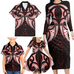 Maori Rugby Custom Ngaru Mangopare Family Matching Long Sleeve Bodycon Dress and Hawaiian Shirt Black Red Whetu Niho Taniwha Motif