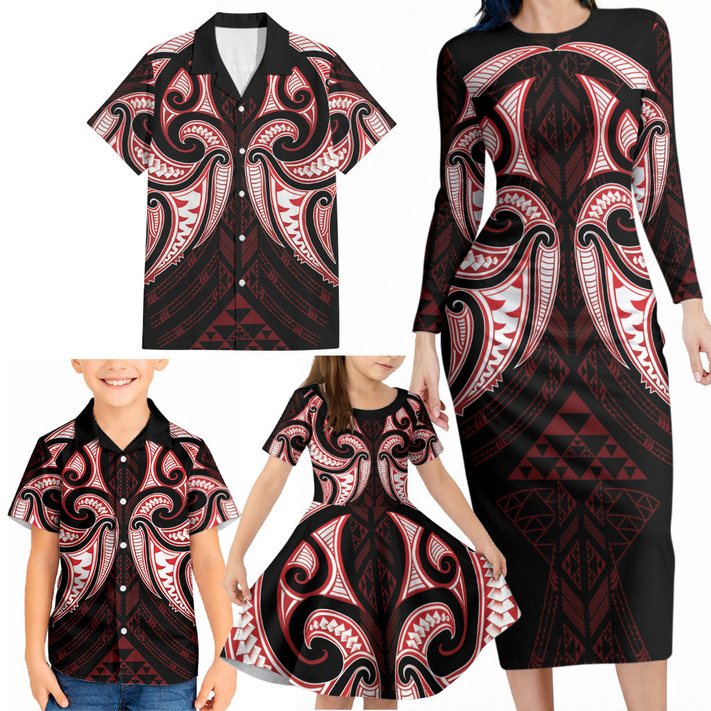 Maori Rugby Custom Ngaru Mangopare Family Matching Long Sleeve Bodycon Dress and Hawaiian Shirt Black Red Whetu Niho Taniwha Motif