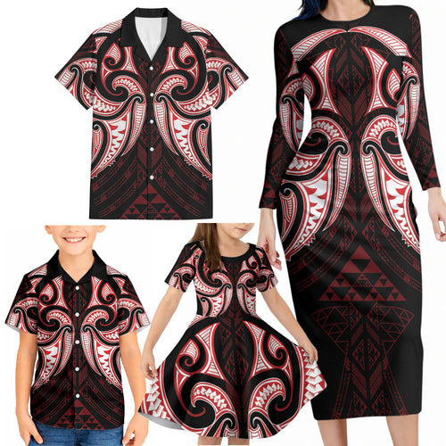 Maori Rugby Custom Ngaru Mangopare Family Matching Long Sleeve Bodycon Dress and Hawaiian Shirt Black Red Whetu Niho Taniwha Motif