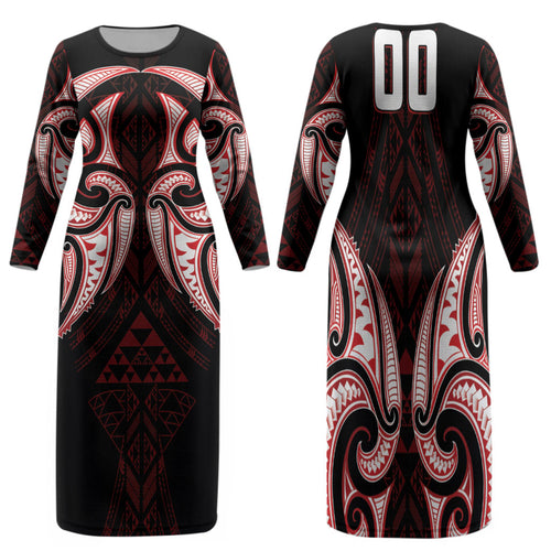 Maori Rugby Custom Ngaru Mangopare Family Matching Long Sleeve Bodycon Dress and Hawaiian Shirt Black Red Whetu Niho Taniwha Motif