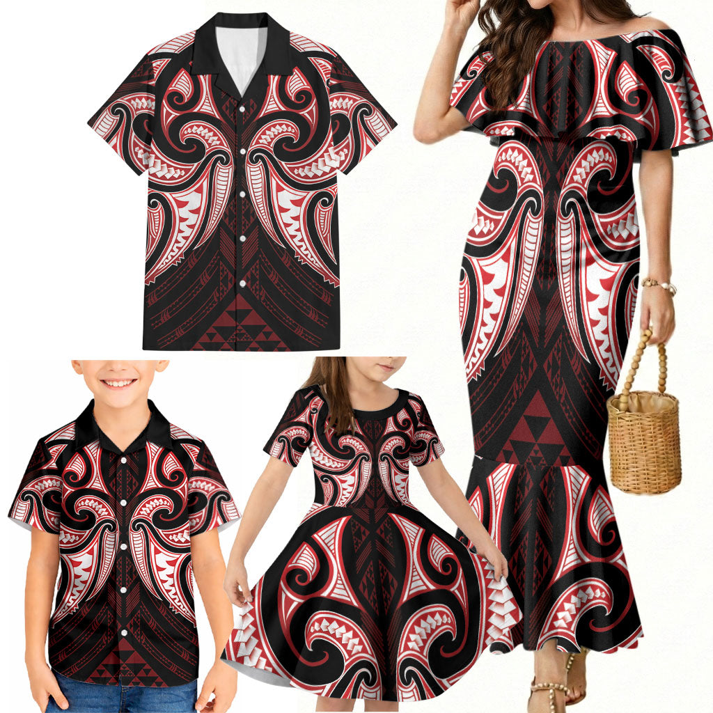 Maori Rugby Custom Ngaru Mangopare Family Matching Mermaid Dress and Hawaiian Shirt Black Red Whetu Niho Taniwha Motif