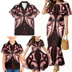 Maori Rugby Custom Ngaru Mangopare Family Matching Mermaid Dress and Hawaiian Shirt Black Red Whetu Niho Taniwha Motif