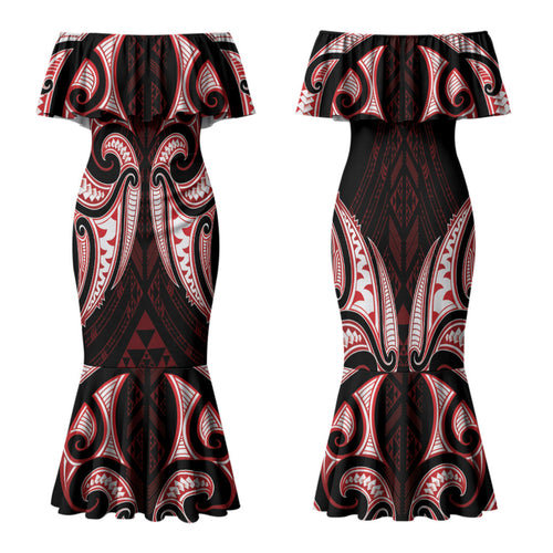 Maori Rugby Custom Ngaru Mangopare Family Matching Mermaid Dress and Hawaiian Shirt Black Red Whetu Niho Taniwha Motif