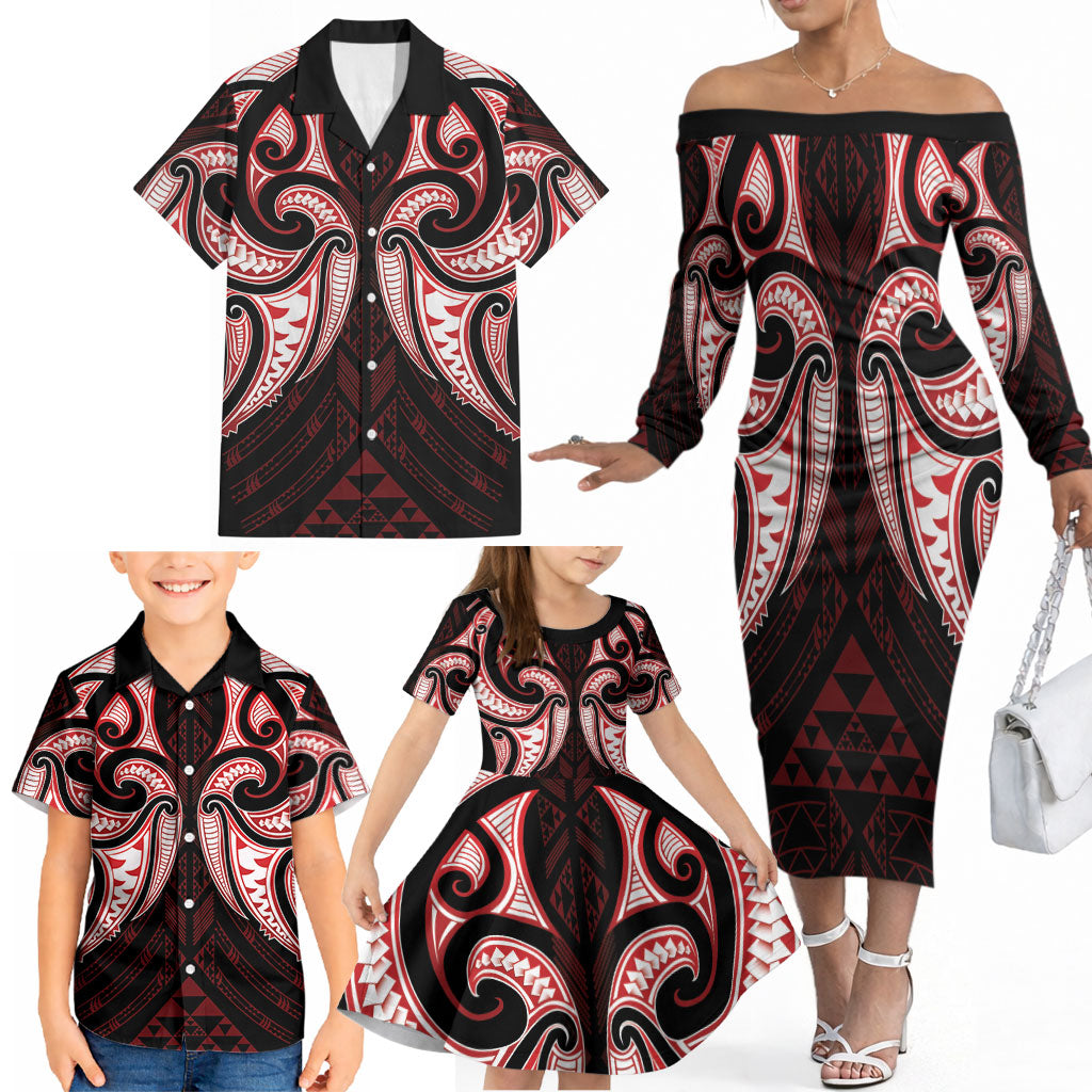 Maori Rugby Custom Ngaru Mangopare Family Matching Off The Shoulder Long Sleeve Dress and Hawaiian Shirt Black Red Whetu Niho Taniwha Motif
