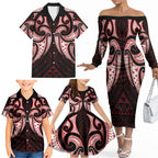 Maori Rugby Custom Ngaru Mangopare Family Matching Off The Shoulder Long Sleeve Dress and Hawaiian Shirt Black Red Whetu Niho Taniwha Motif