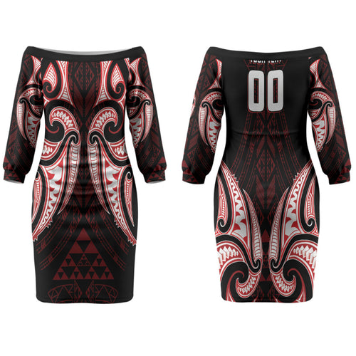 Maori Rugby Custom Ngaru Mangopare Family Matching Off The Shoulder Long Sleeve Dress and Hawaiian Shirt Black Red Whetu Niho Taniwha Motif