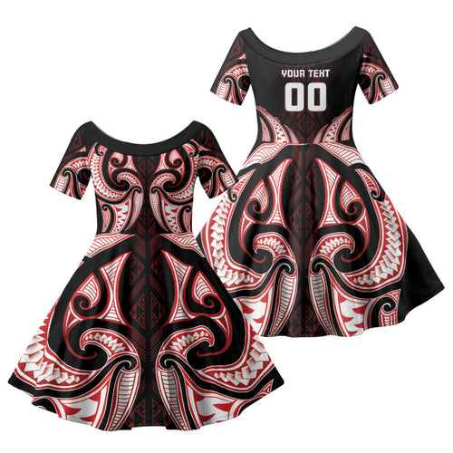 Maori Rugby Custom Ngaru Mangopare Family Matching Off The Shoulder Long Sleeve Dress and Hawaiian Shirt Black Red Whetu Niho Taniwha Motif