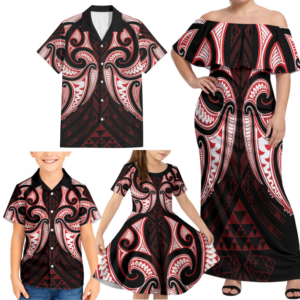 Maori Rugby Custom Ngaru Mangopare Family Matching Off Shoulder Maxi Dress and Hawaiian Shirt Black Red Whetu Niho Taniwha Motif