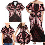 Maori Rugby Custom Ngaru Mangopare Family Matching Off Shoulder Maxi Dress and Hawaiian Shirt Black Red Whetu Niho Taniwha Motif