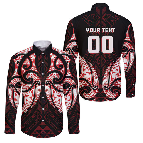 Maori Rugby Custom Ngaru Mangopare Family Matching Off Shoulder Maxi Dress and Hawaiian Shirt Black Red Whetu Niho Taniwha Motif