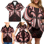 Maori Rugby Custom Ngaru Mangopare Family Matching Off Shoulder Short Dress and Hawaiian Shirt Black Red Whetu Niho Taniwha Motif