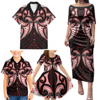Maori Rugby Custom Ngaru Mangopare Family Matching Puletasi and Hawaiian Shirt Black Red Whetu Niho Taniwha Motif