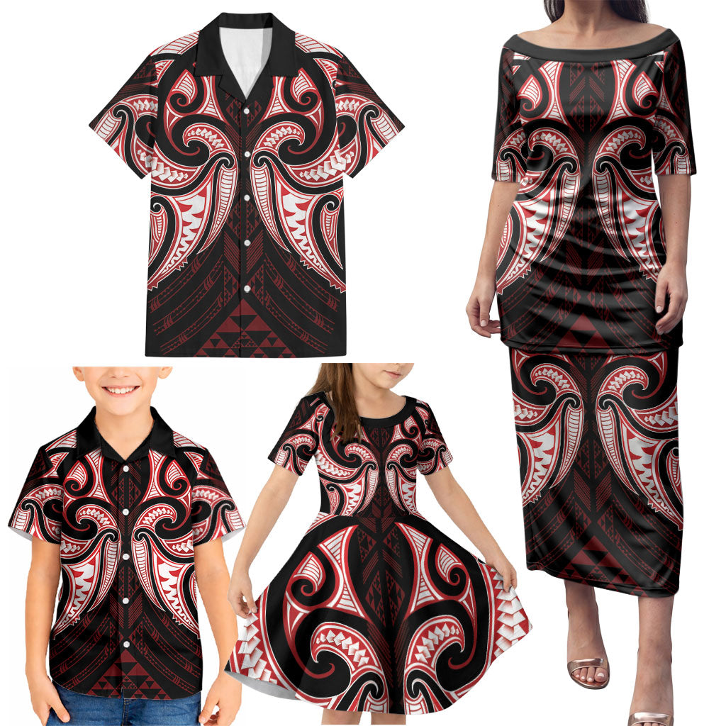 Maori Rugby Custom Ngaru Mangopare Family Matching Puletasi and Hawaiian Shirt Black Red Whetu Niho Taniwha Motif