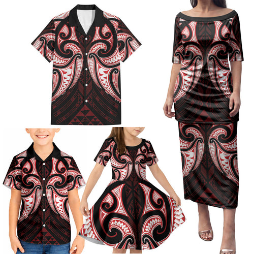 Maori Rugby Custom Ngaru Mangopare Family Matching Puletasi and Hawaiian Shirt Black Red Whetu Niho Taniwha Motif